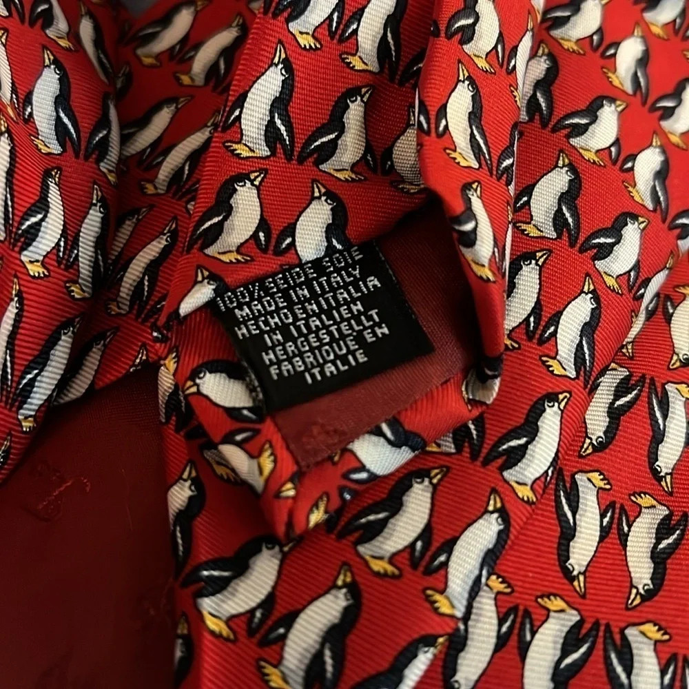 Beaufort | Tie Rack Red Penguin Print 100% Silk Vintage Tie, Italy, 3.75”